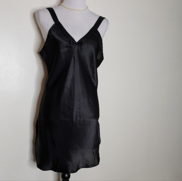 Vintage Black Satiny Night Slip Lingerie Chemise 80s Luxury Sexy Comfy Intimate
